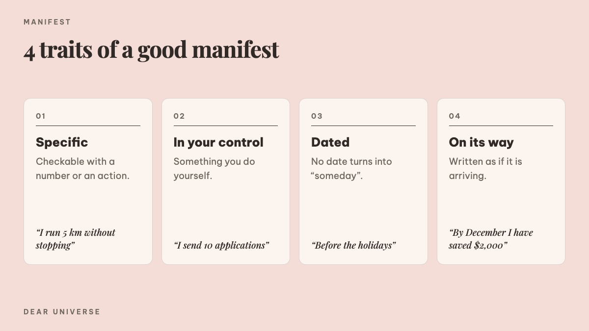 Four traits of a good manifest: specific, in your control, dated, written as if on its way